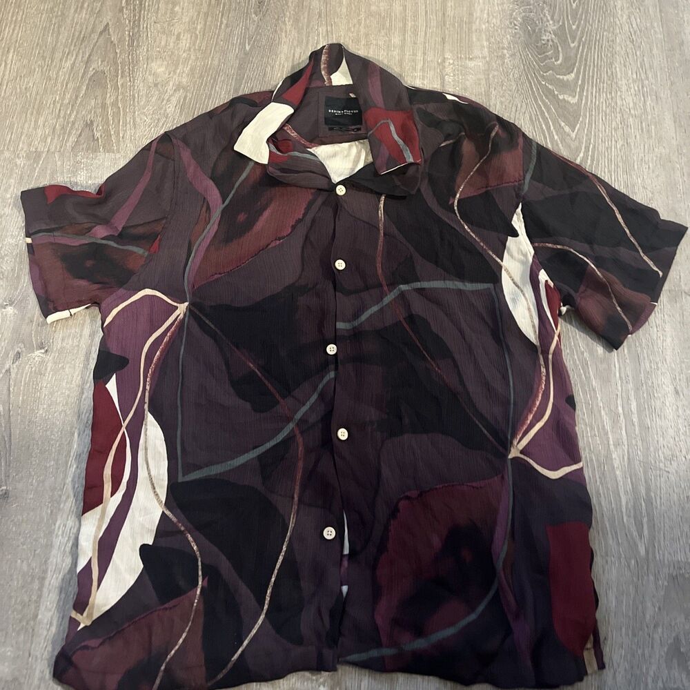 denim and flower ricky singh mens Burgundy, Abstract Print Button Down Size L
